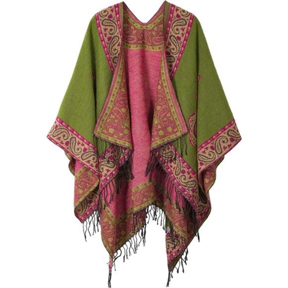 Women's Retro Style Vintage Pattern Tassel Poncho Shawl Cape Wraps For Women - Picture 1 of 7